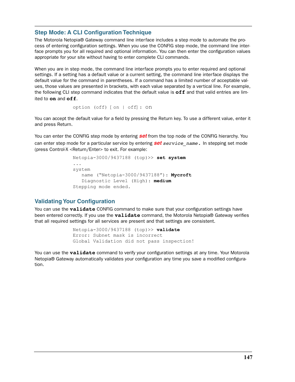 Step mode: a cli configuration technique, Validating your configuration | Motorola 2200 User Manual | Page 147 / 262