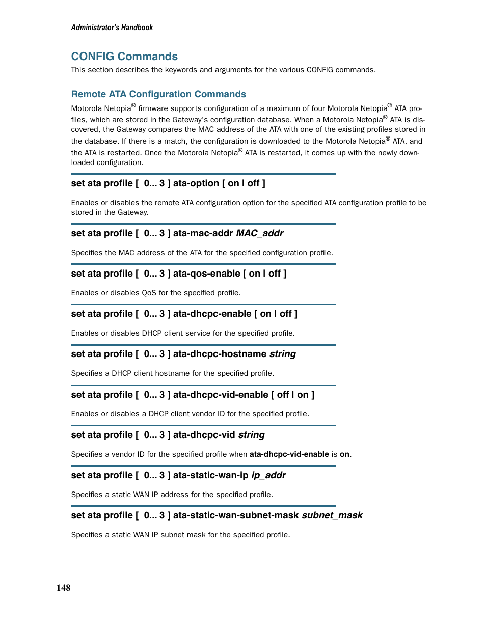 Config commands, Remote ata configuration commands | Motorola 2200 User Manual | Page 148 / 262