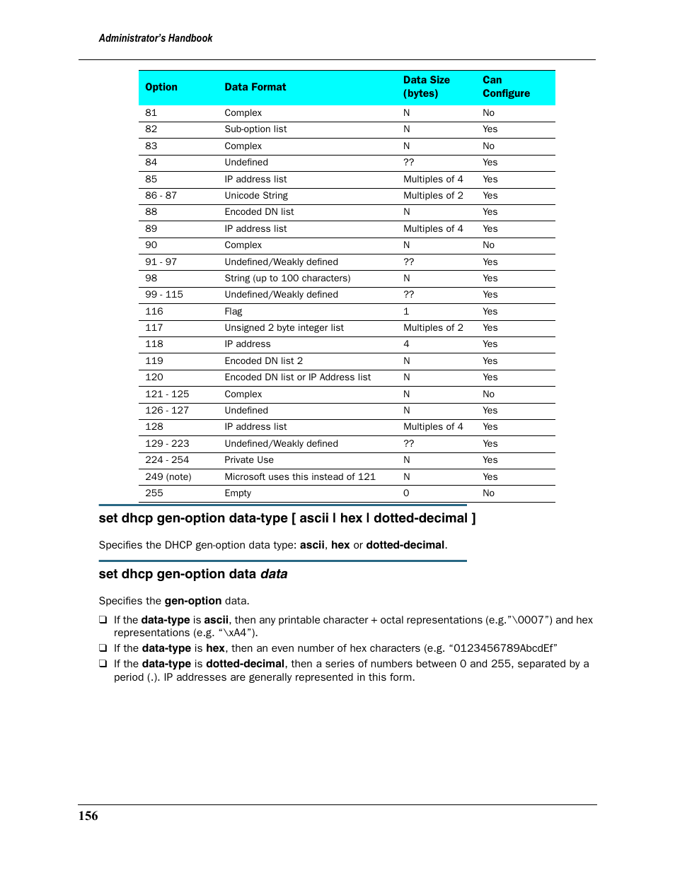 Data, Set dhcp gen-option data | Motorola 2200 User Manual | Page 156 / 262