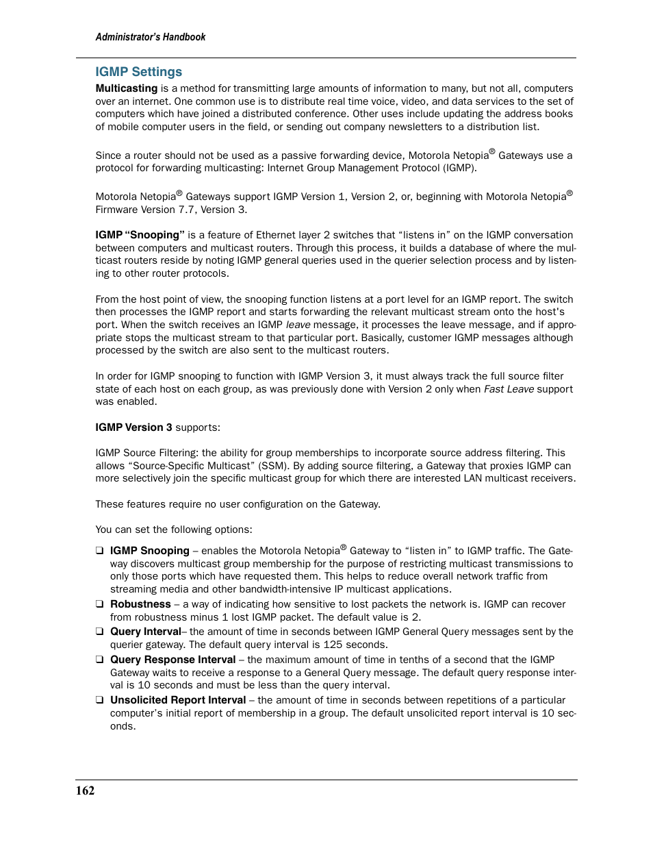 Igmp settings | Motorola 2200 User Manual | Page 162 / 262