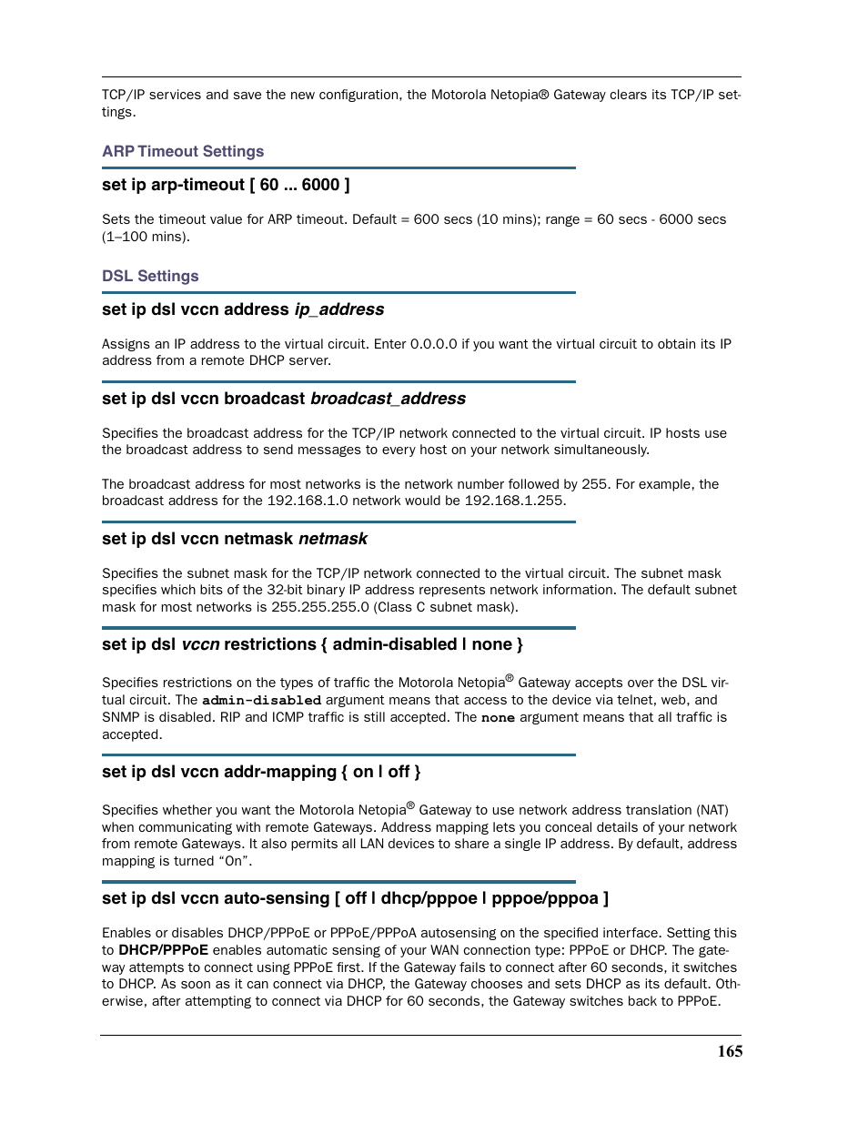 Ed in the cli. see the command, Set ip dsl vccn restrictions { admin-dis | Motorola 2200 User Manual | Page 165 / 262