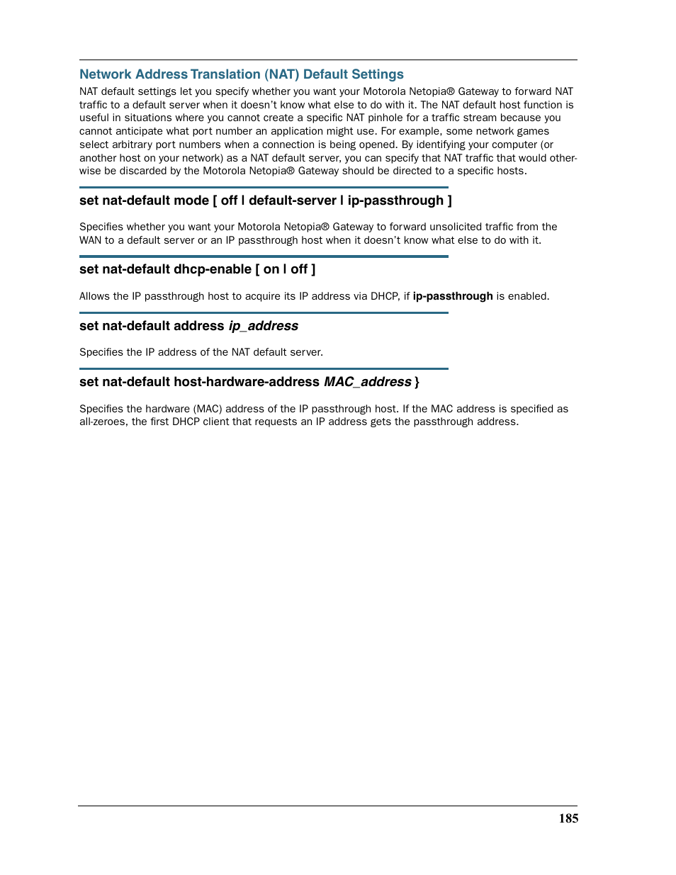 Network address translation (nat) default settings | Motorola 2200 User Manual | Page 185 / 262