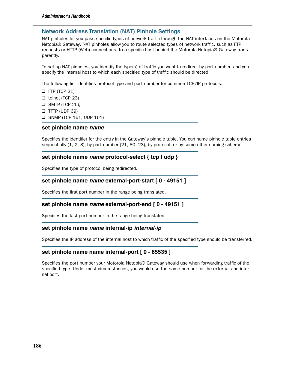 Network address translation (nat) pinhole settings | Motorola 2200 User Manual | Page 186 / 262