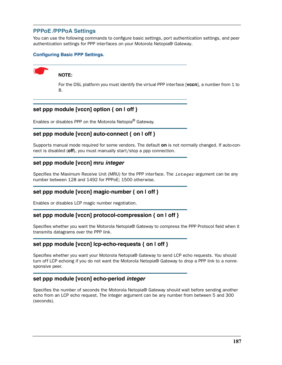 Pppoe /pppoa settings | Motorola 2200 User Manual | Page 187 / 262