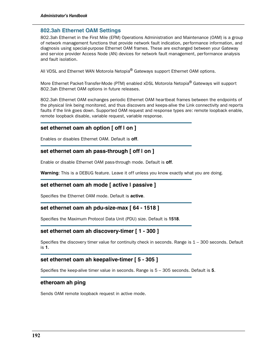 3ah ethernet oam settings | Motorola 2200 User Manual | Page 192 / 262