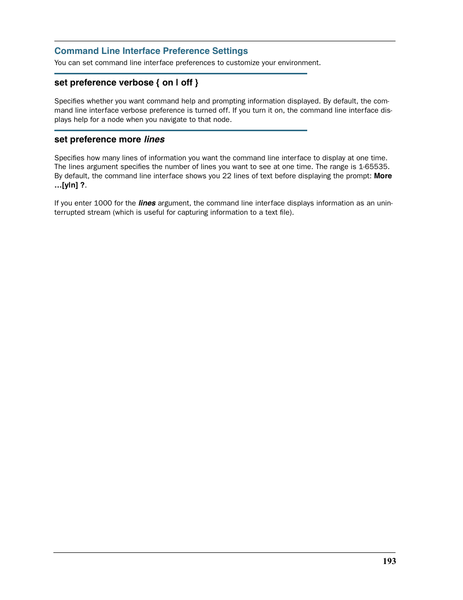 Command line interface preference settings | Motorola 2200 User Manual | Page 193 / 262