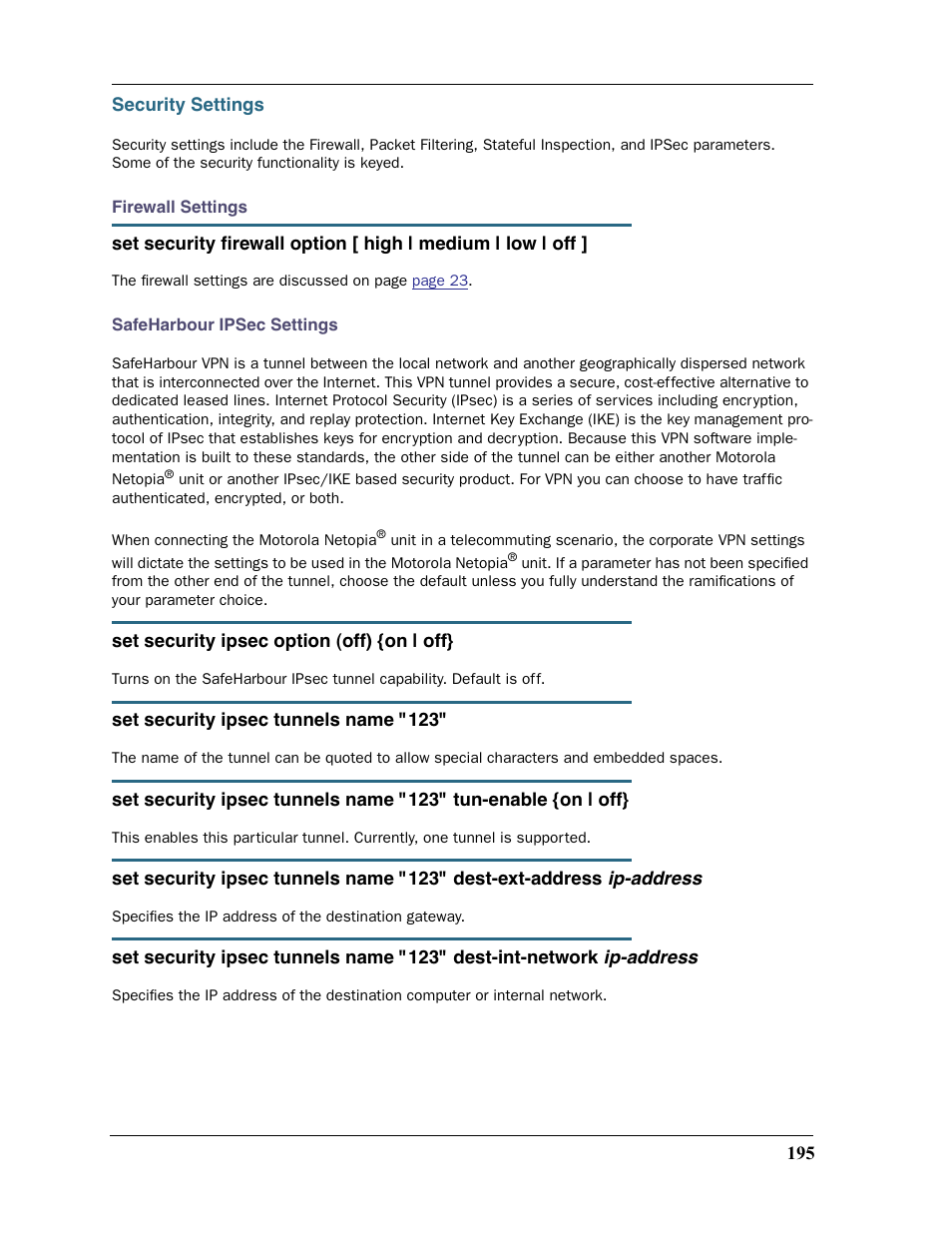 Security settings | Motorola 2200 User Manual | Page 195 / 262