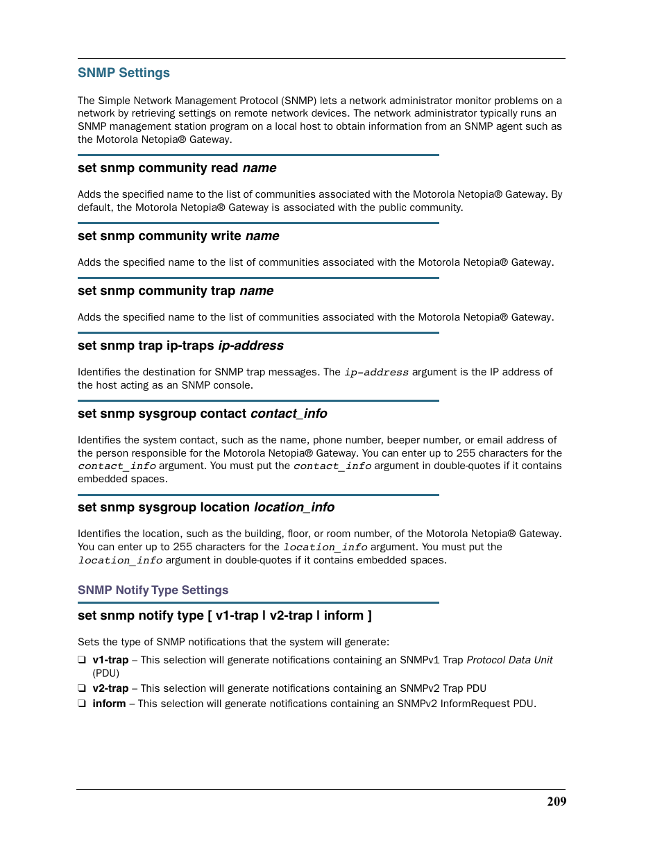 Snmp settings | Motorola 2200 User Manual | Page 209 / 262