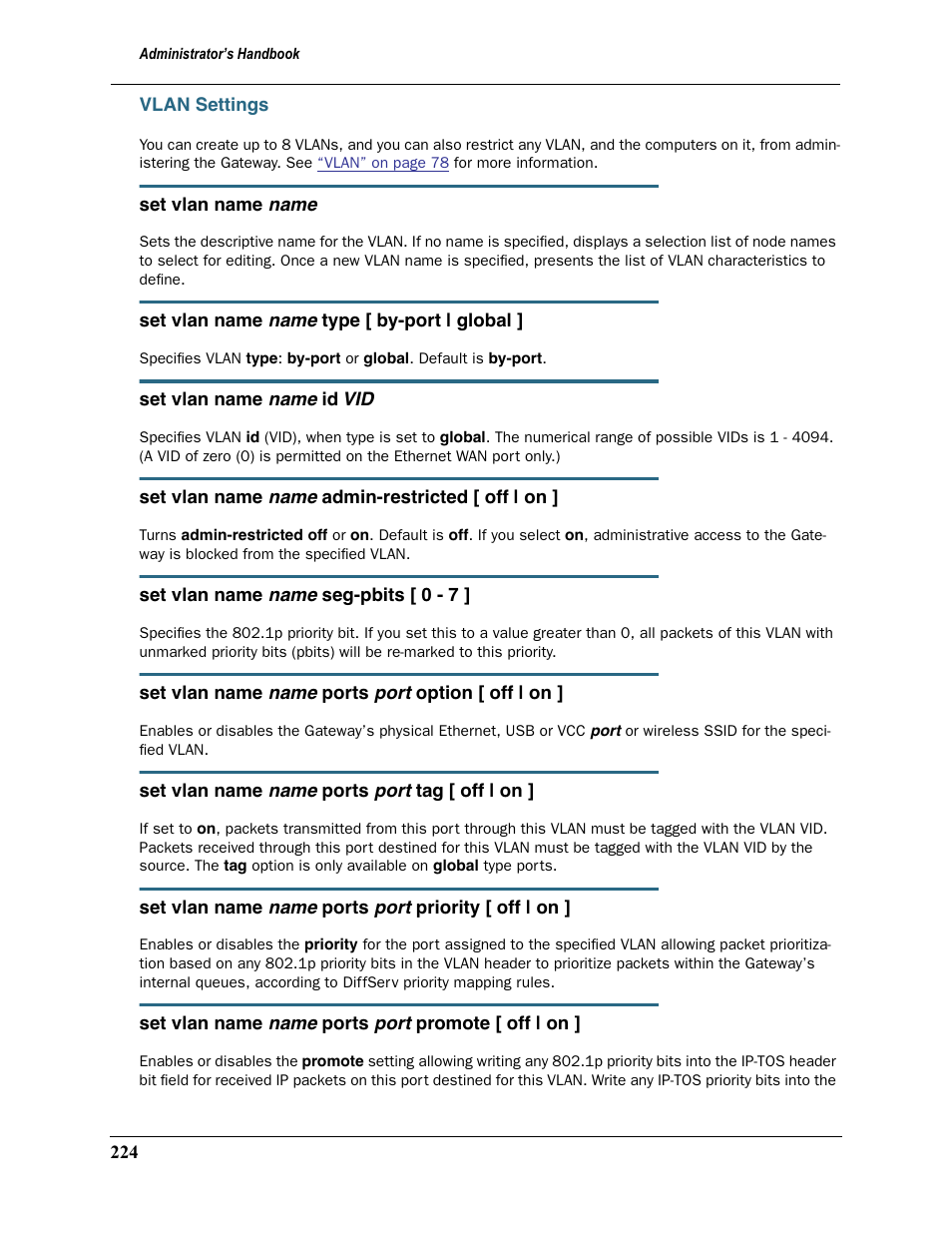 Vlan settings | Motorola 2200 User Manual | Page 224 / 262