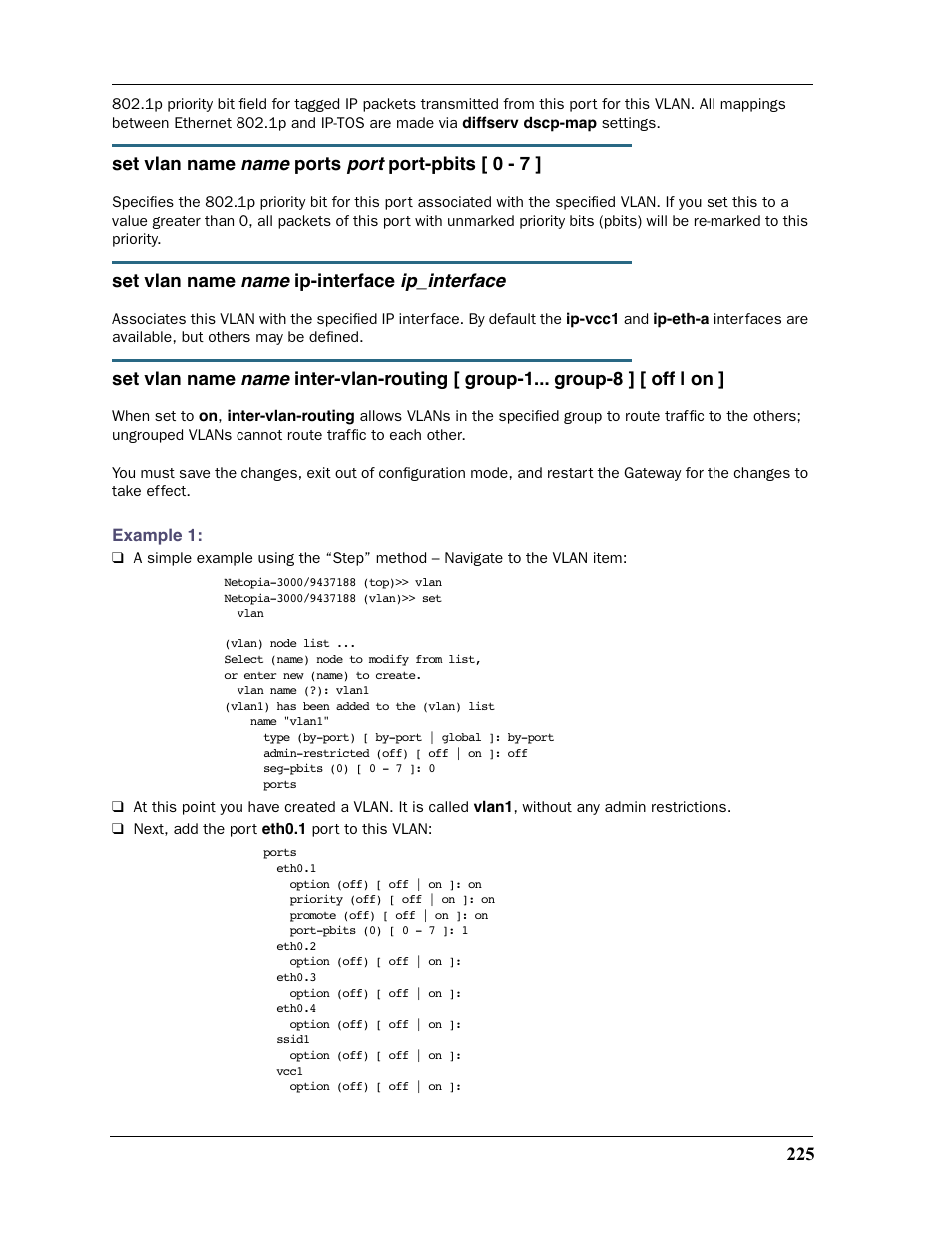 Name, Port, Ip_interface | Set vlan name, Ports, Port-pbits [ 0 - 7, Ip-interface | Motorola 2200 User Manual | Page 225 / 262