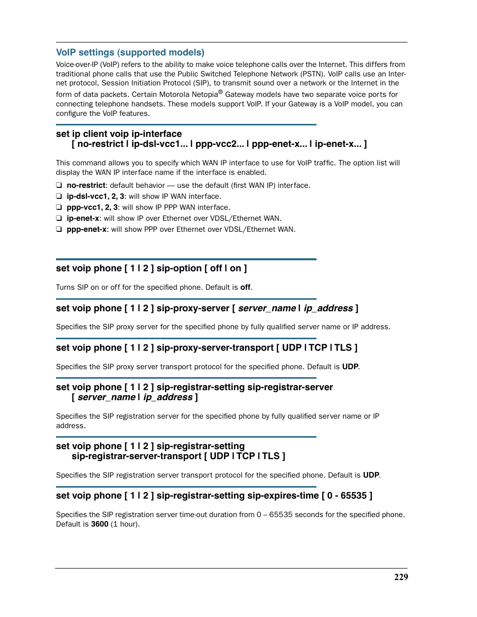 Voip settings (supported models), Voip settings (sup | Motorola 2200 User Manual | Page 229 / 262