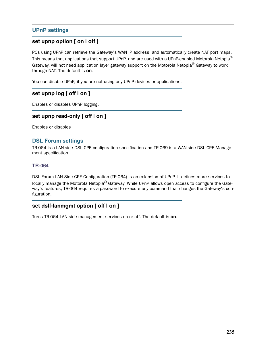 Upnp settings, Dsl forum settings, Upnp settings dsl forum settings | Motorola 2200 User Manual | Page 235 / 262