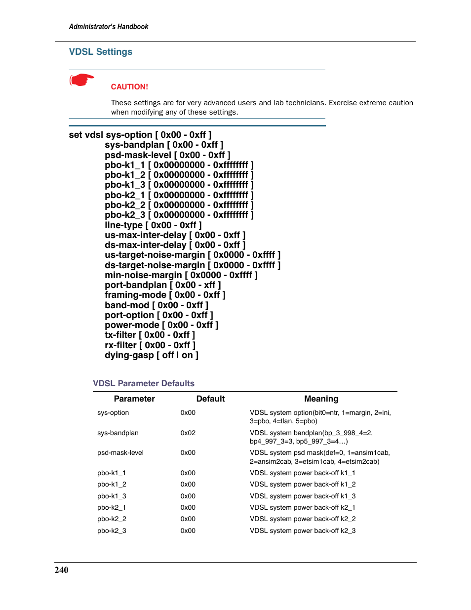 Vdsl settings | Motorola 2200 User Manual | Page 240 / 262