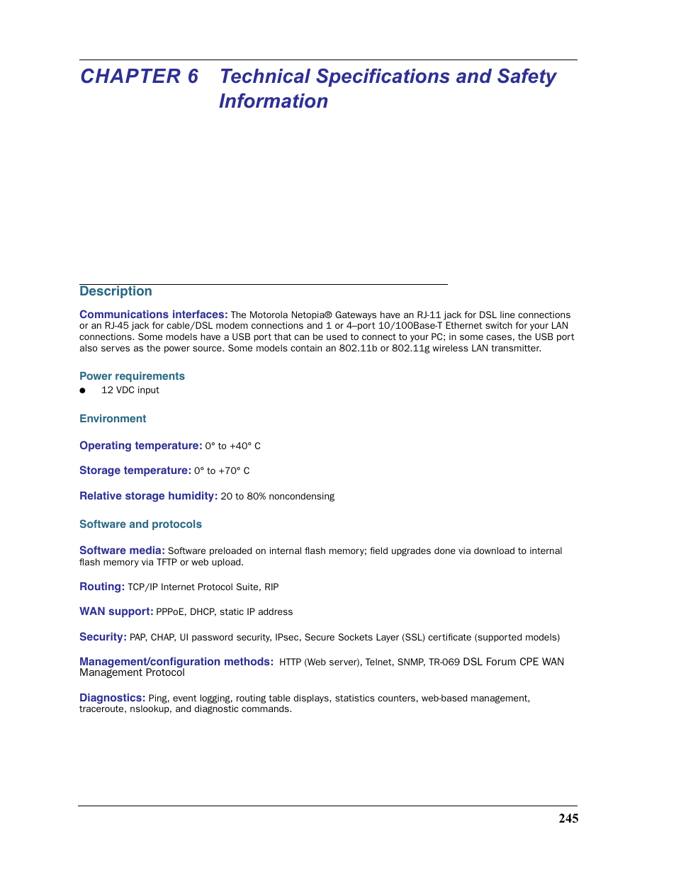 Description, Power requirements, Environment | Software and protocols, Chapter 6 | Motorola 2200 User Manual | Page 247 / 262