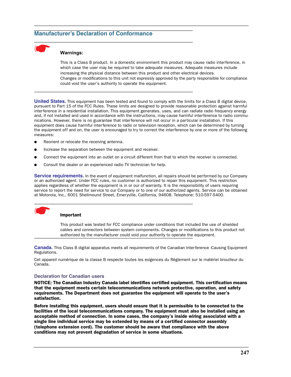 Manufacturer’s declaration of conformance | Motorola 2200 User Manual | Page 249 / 262