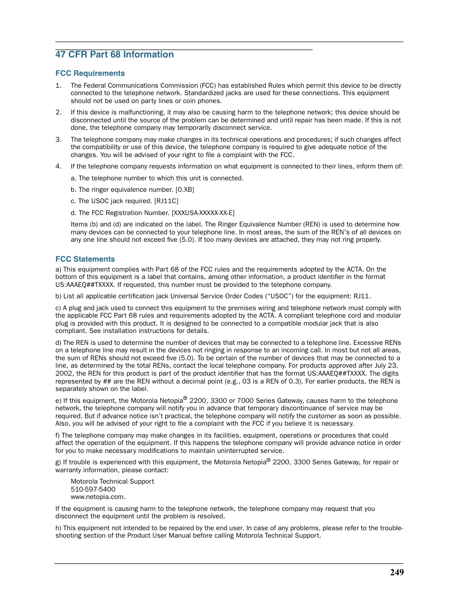 47 cfr part 68 information, Fcc requirements, Fcc statements | Fcc requirements fcc statements | Motorola 2200 User Manual | Page 251 / 262