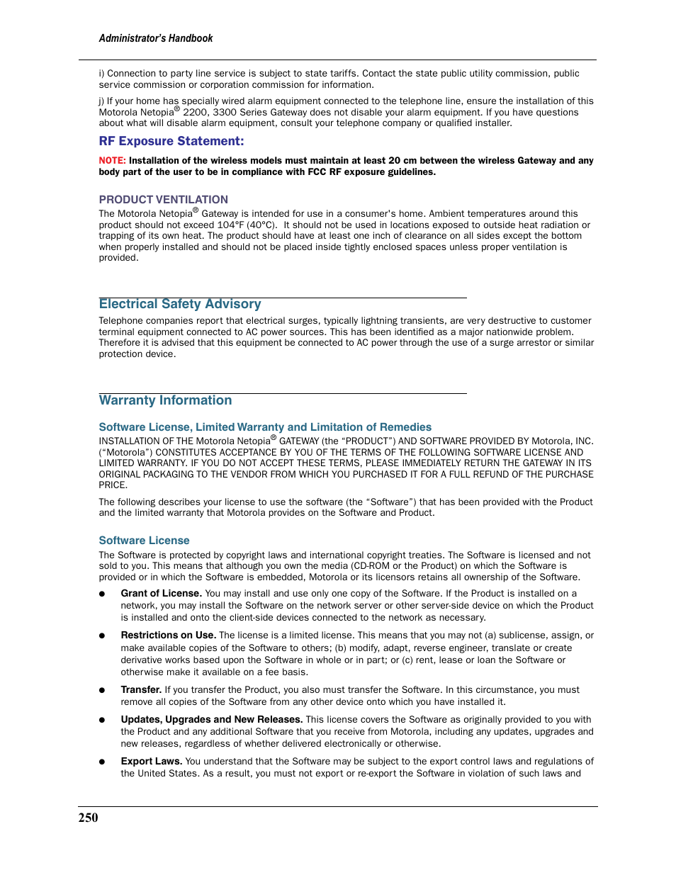 Electrical safety advisory, Warranty information, Software license | Rf exposure statement | Motorola 2200 User Manual | Page 252 / 262