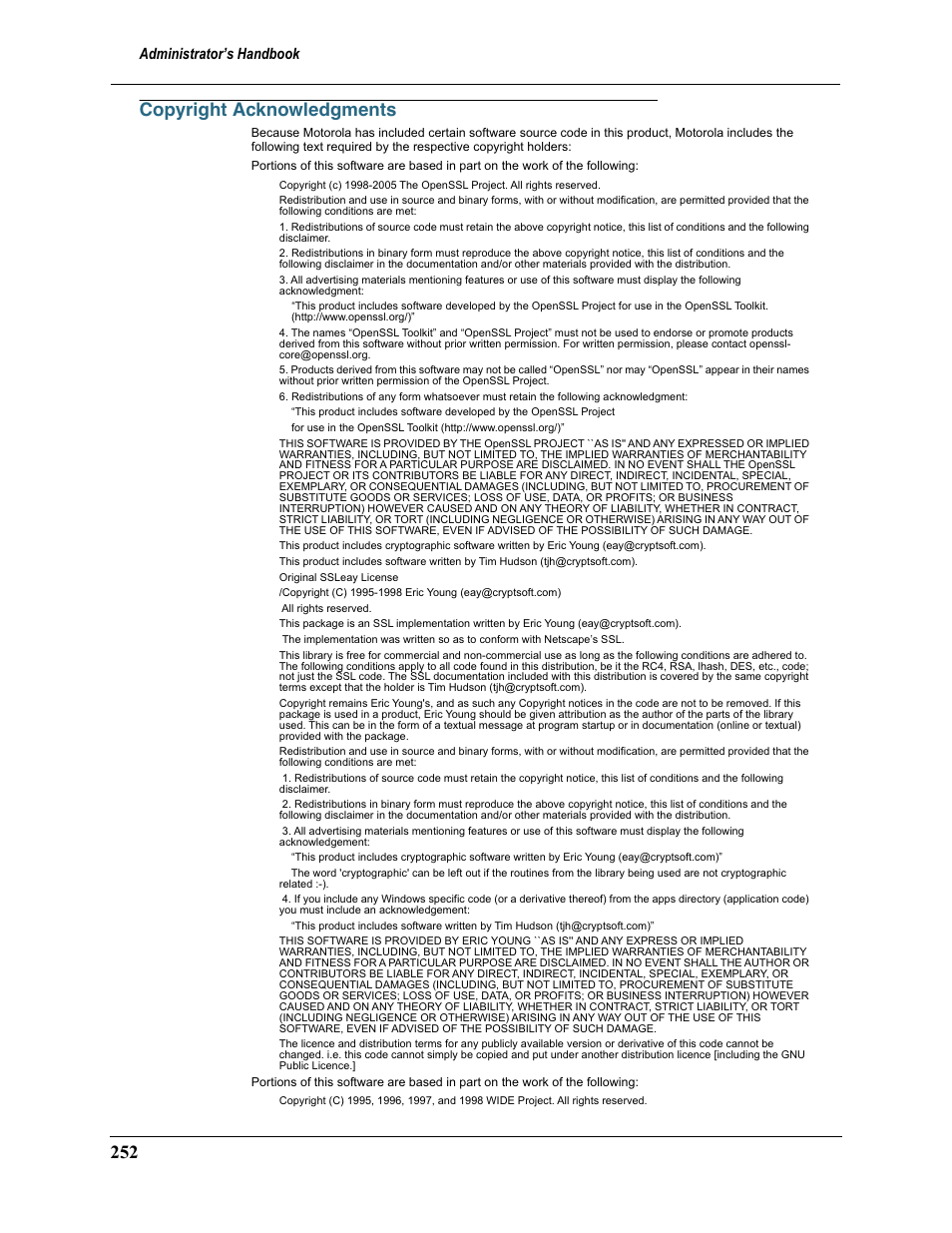 Copyright acknowledgments, 252 copyright acknowledgments, Administrator’s handbook | Motorola 2200 User Manual | Page 254 / 262