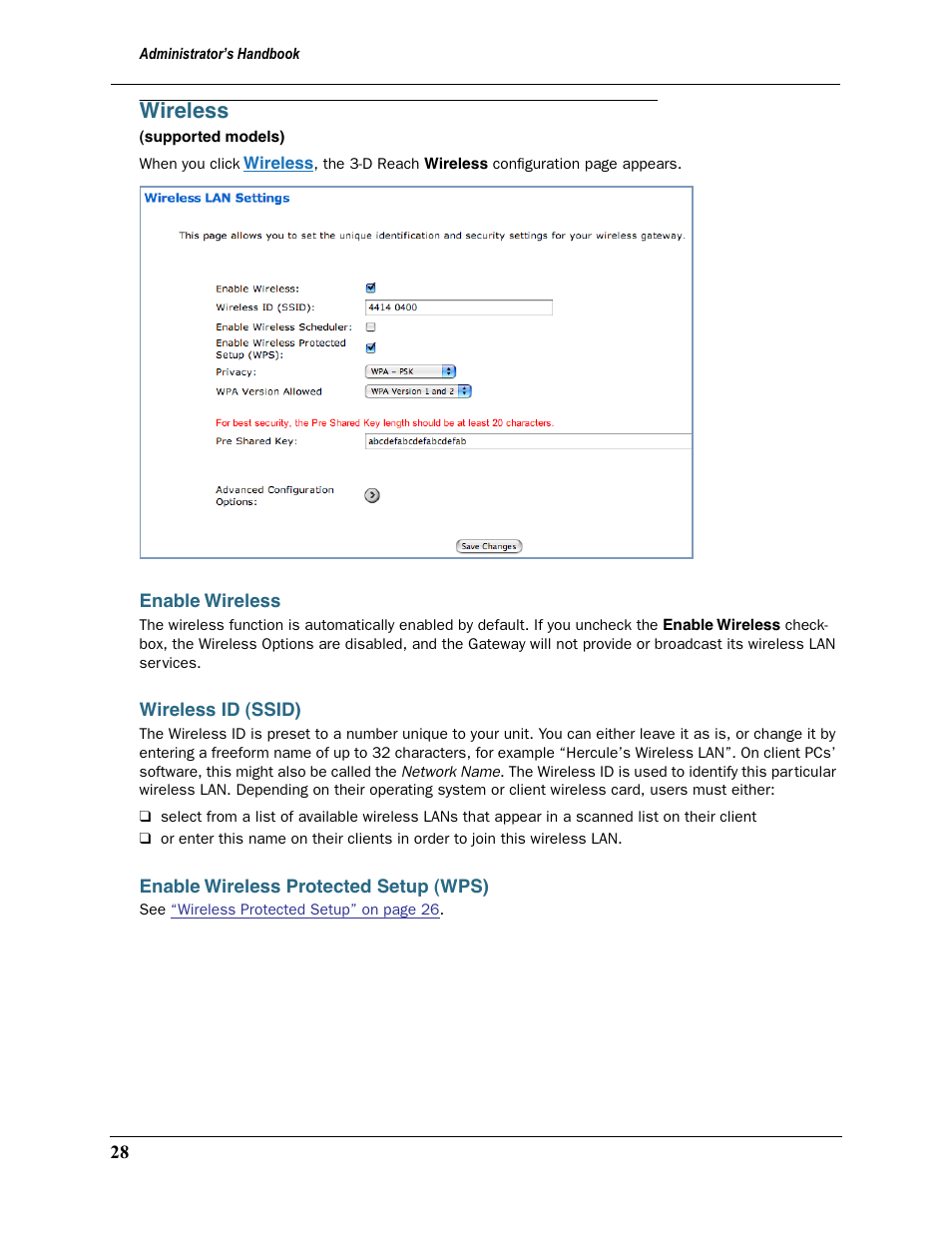 Wireless, Enable wireless, Wireless id (ssid) | Enable wireless protected setup (wps) | Motorola 2200 User Manual | Page 28 / 262