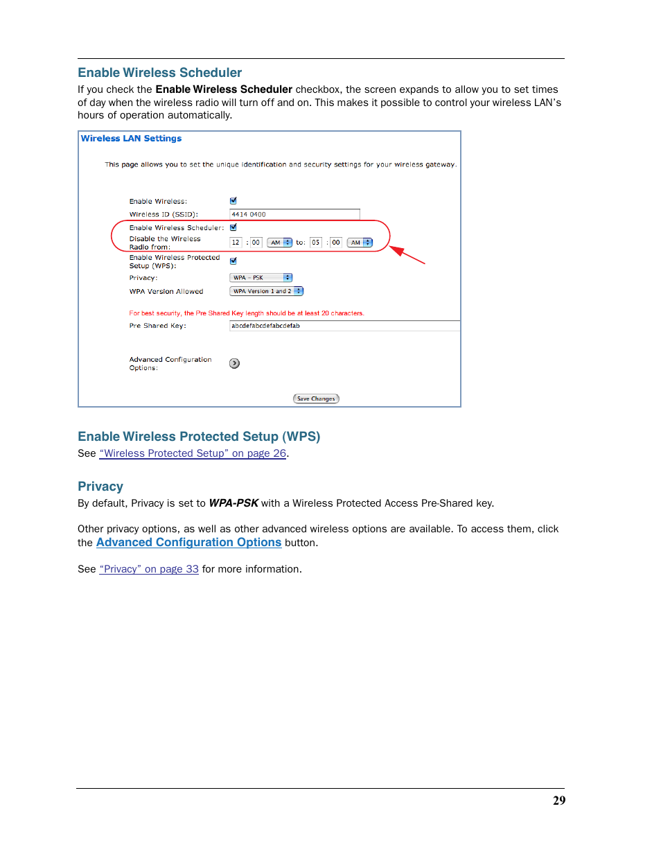 Enable wireless scheduler, Enable wireless protected setup (wps), Privacy | Motorola 2200 User Manual | Page 29 / 262