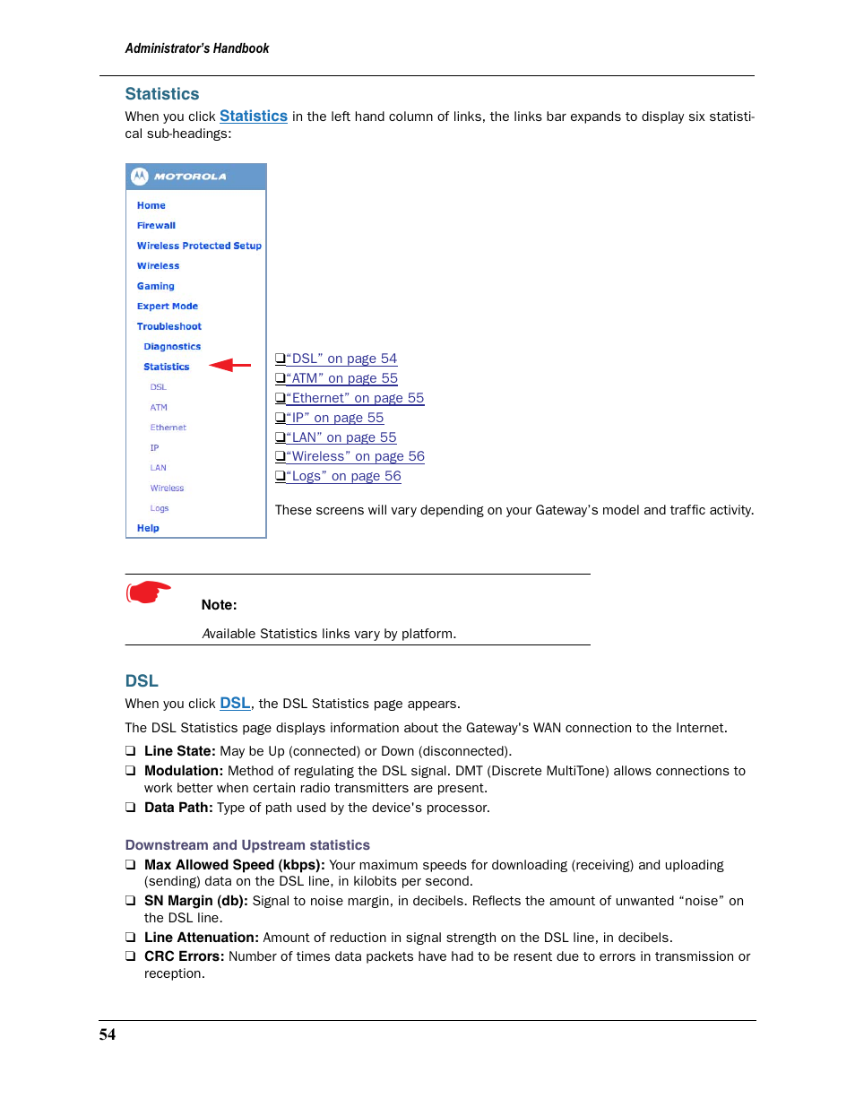 Statistics, Statistics dsl | Motorola 2200 User Manual | Page 54 / 262