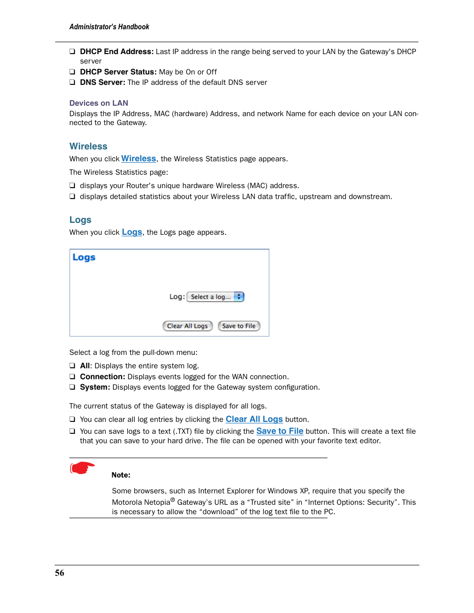 Wireless, Logs, Wireless logs | Motorola 2200 User Manual | Page 56 / 262