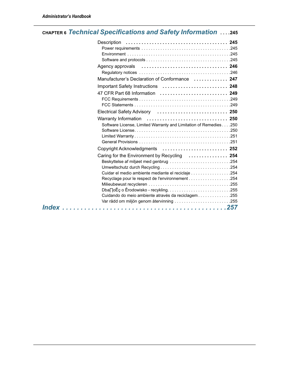 Technical specifications and safety information, Index | Motorola 2200 User Manual | Page 6 / 262