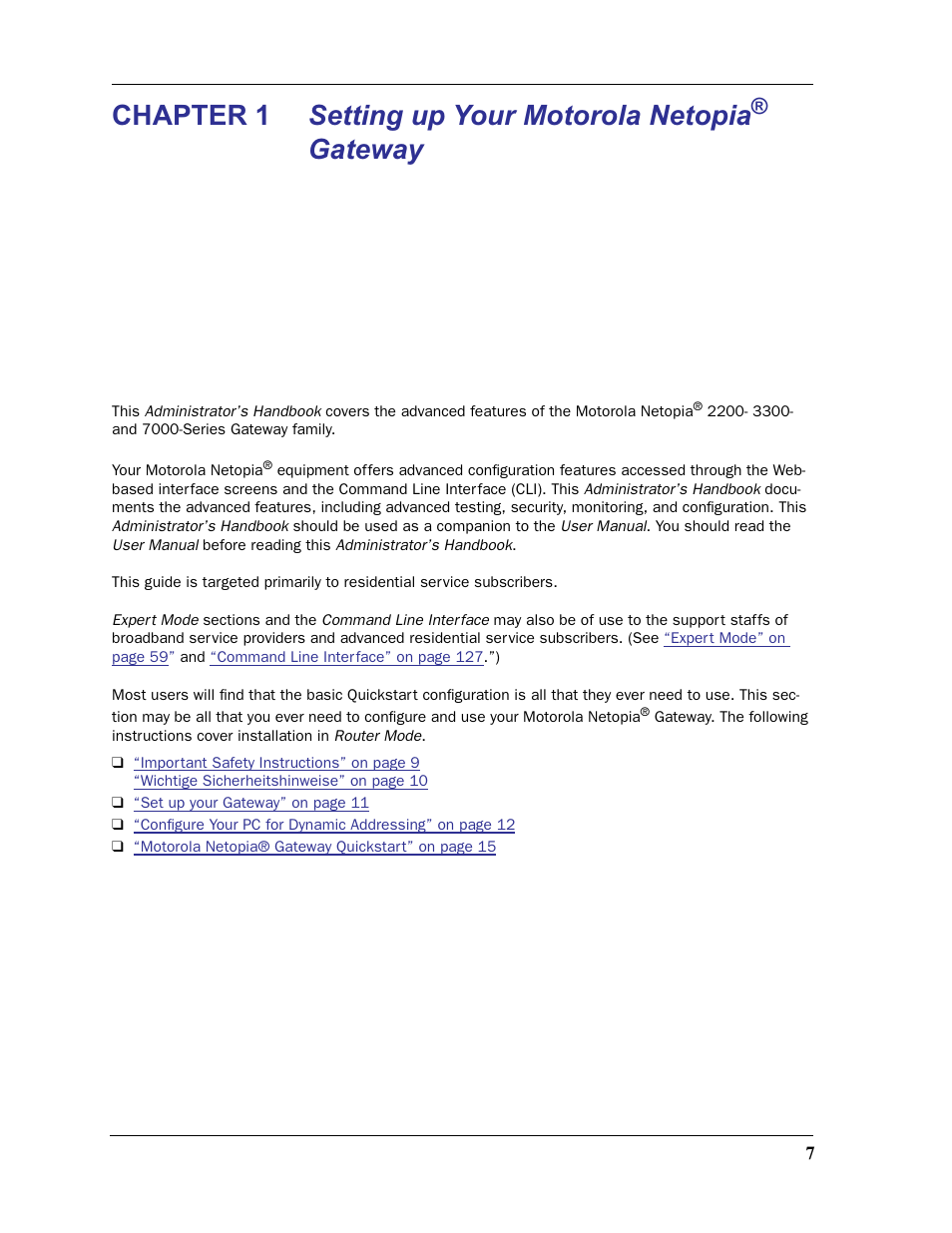 Chapter 1, Chapter 1 setting up your motorola netopia, Gateway | Motorola 2200 User Manual | Page 7 / 262