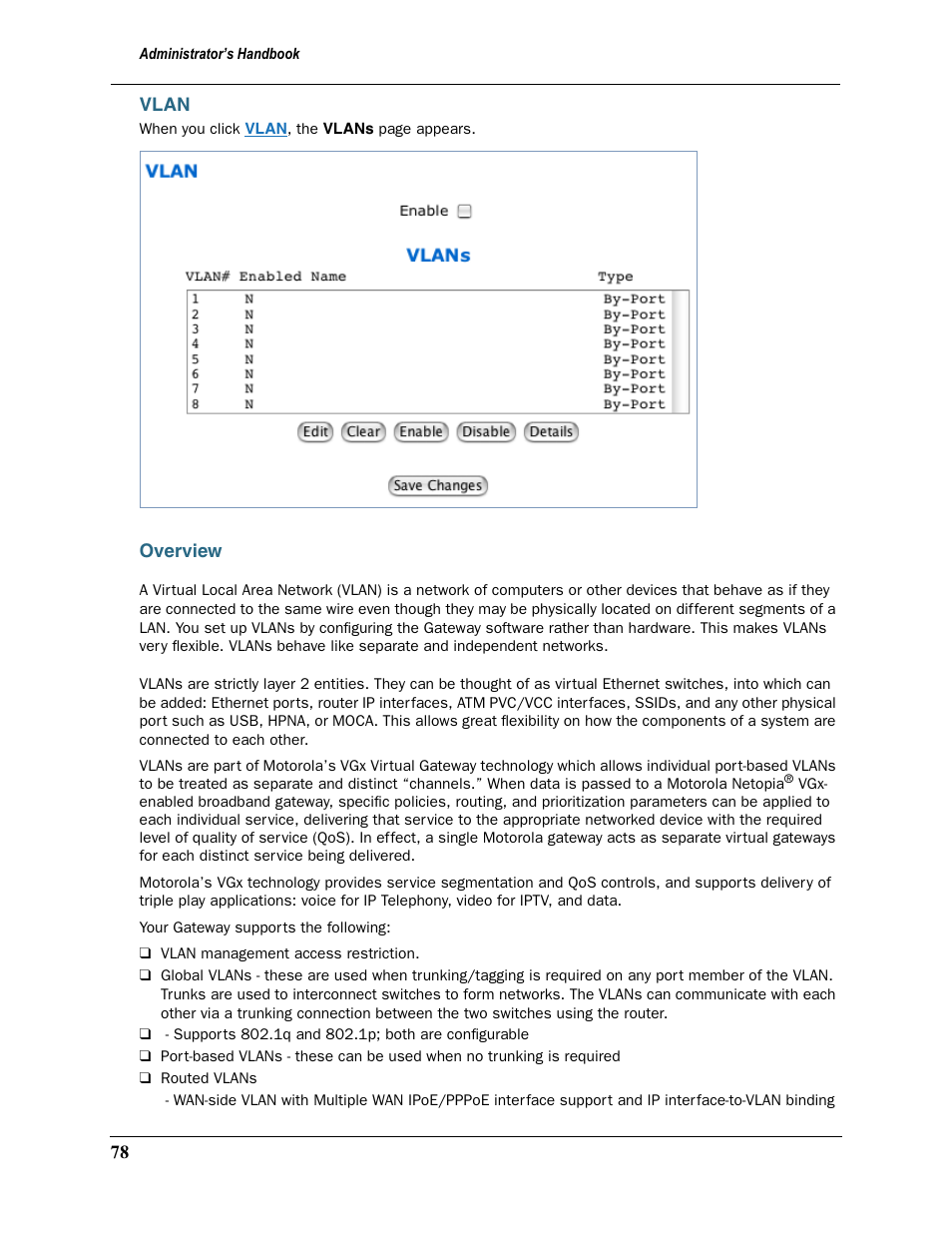 Vlan, Overview, Vlan overview | Motorola 2200 User Manual | Page 78 / 262