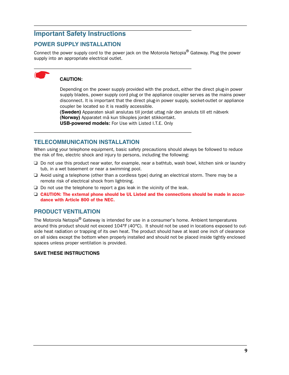 Important safety instructions, Power supply installation, Telecommunication installation | Product ventilation | Motorola 2200 User Manual | Page 9 / 262