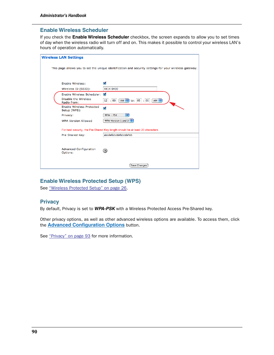 Enable wireless scheduler, Enable wireless protected setup (wps), Privacy | Motorola 2200 User Manual | Page 90 / 262