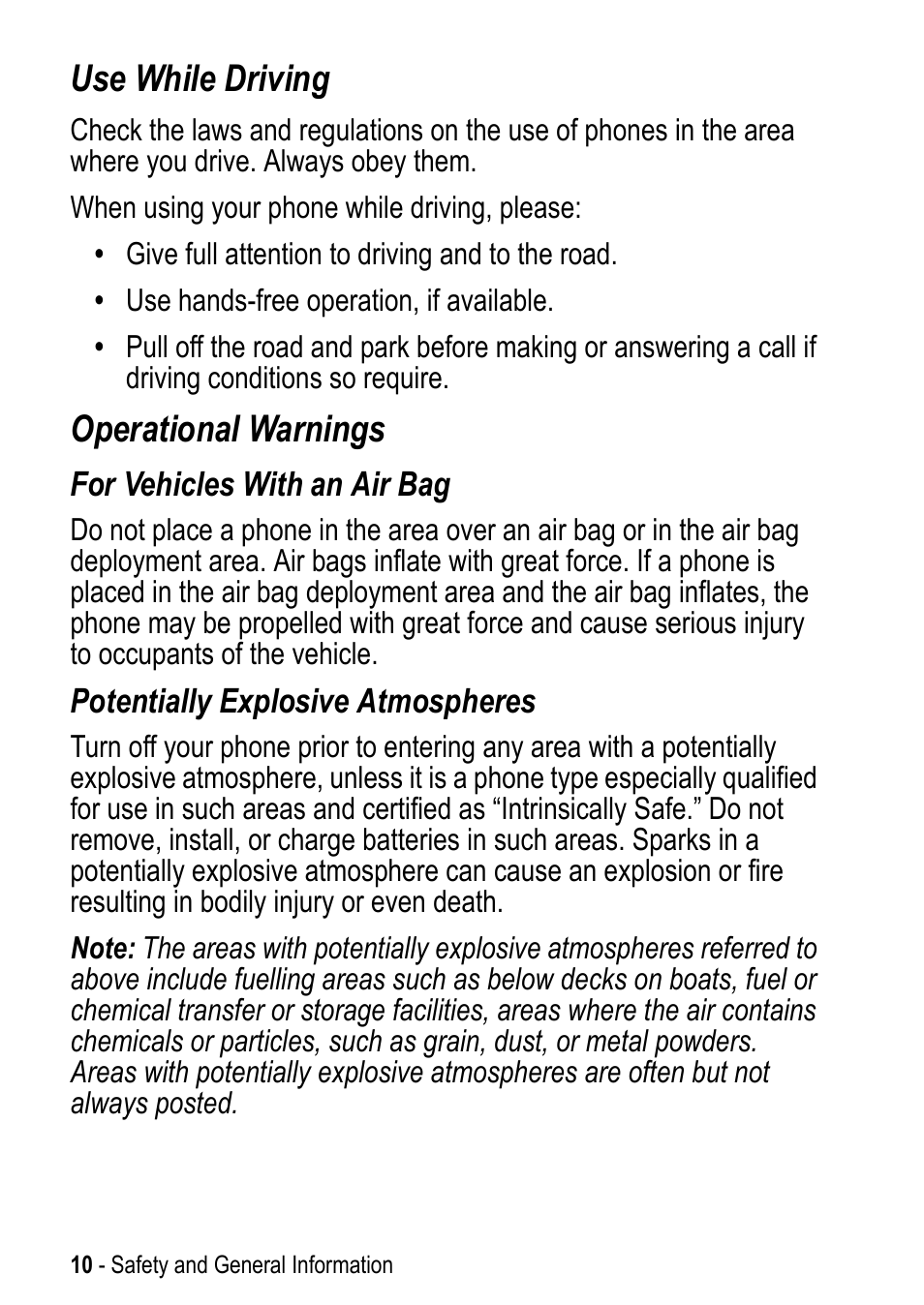 Use while driving, Operational warnings | Motorola A925 User Manual | Page 10 / 146