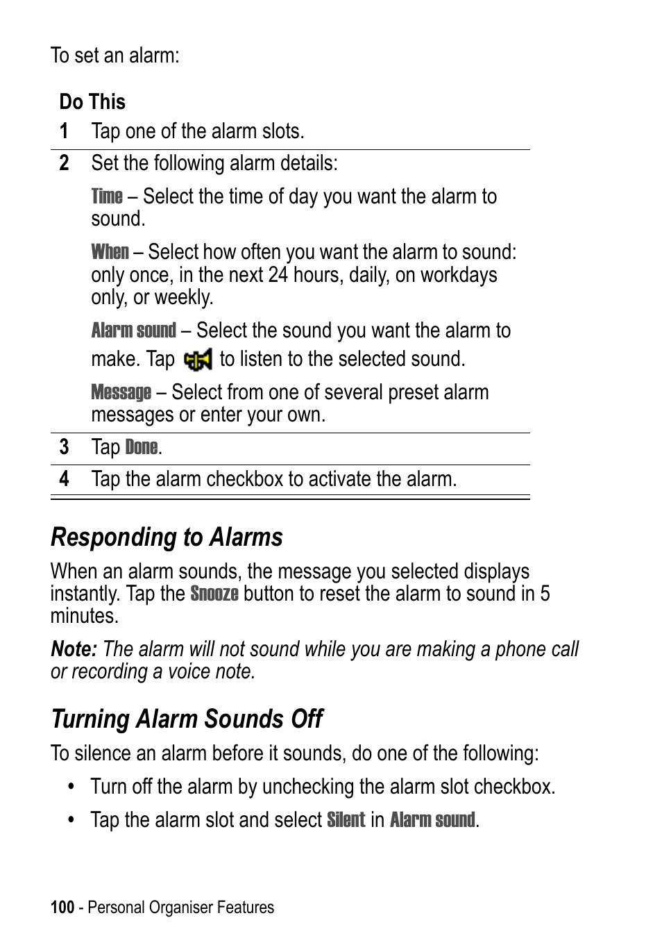 Responding to alarms, Turning alarm sounds off | Motorola A925 User Manual | Page 100 / 146