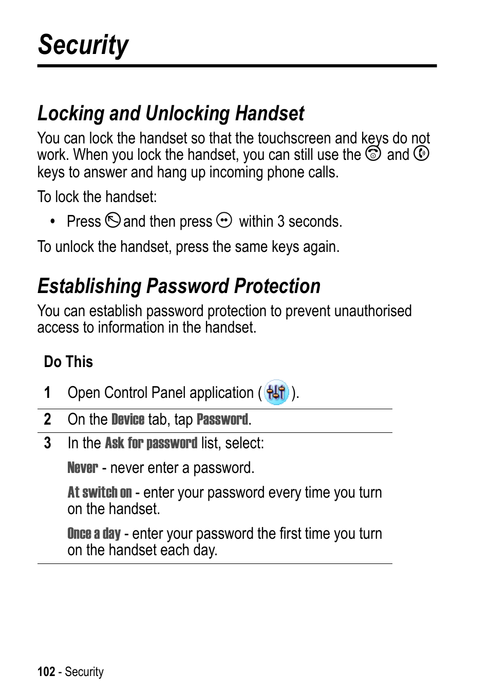 Security, Locking and unlocking handset, Establishing password protection | Motorola A925 User Manual | Page 102 / 146