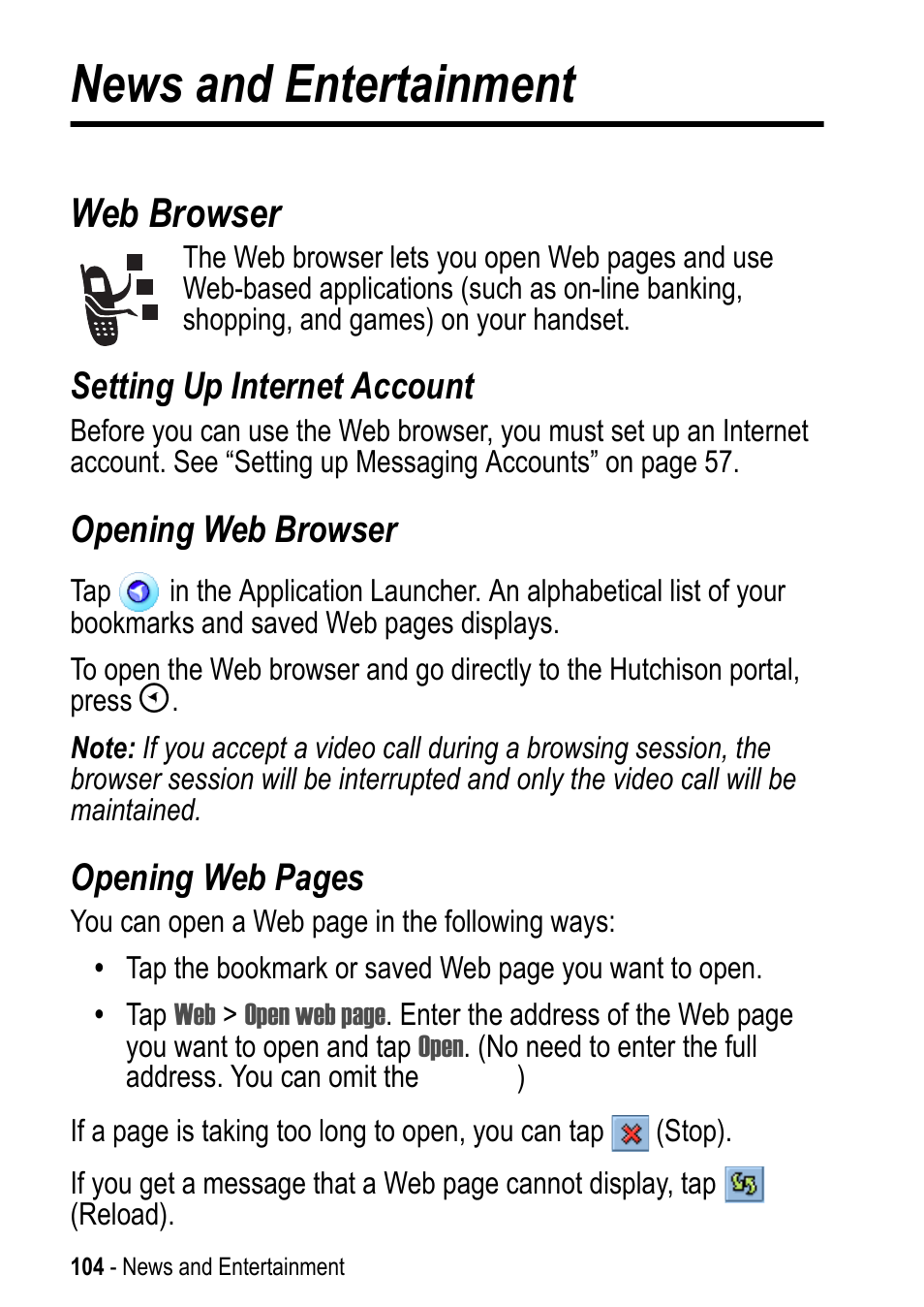 News and entertainment, Web browser, Setting up internet account | Opening web browser, Opening web pages | Motorola A925 User Manual | Page 104 / 146