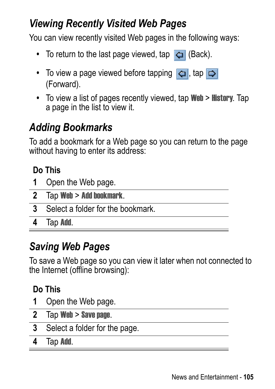 Viewing recently visited web pages, Adding bookmarks, Saving web pages | Motorola A925 User Manual | Page 105 / 146