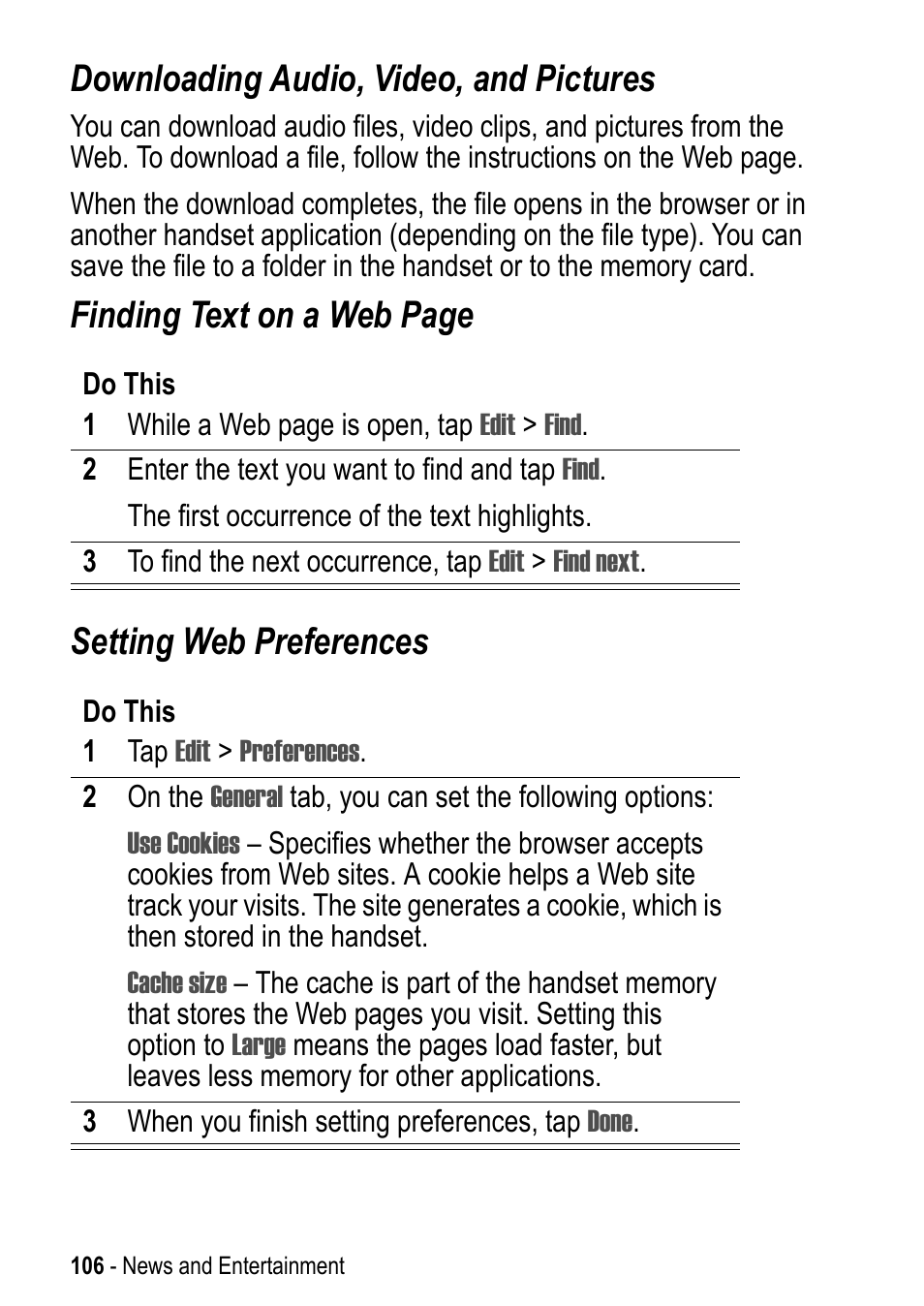 Downloading audio, video, and pictures, Finding text on a web page setting web preferences | Motorola A925 User Manual | Page 106 / 146