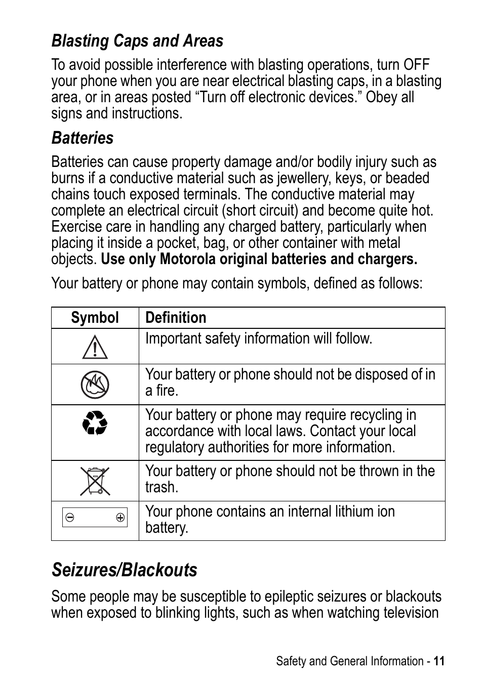 Seizures/blackouts | Motorola A925 User Manual | Page 11 / 146