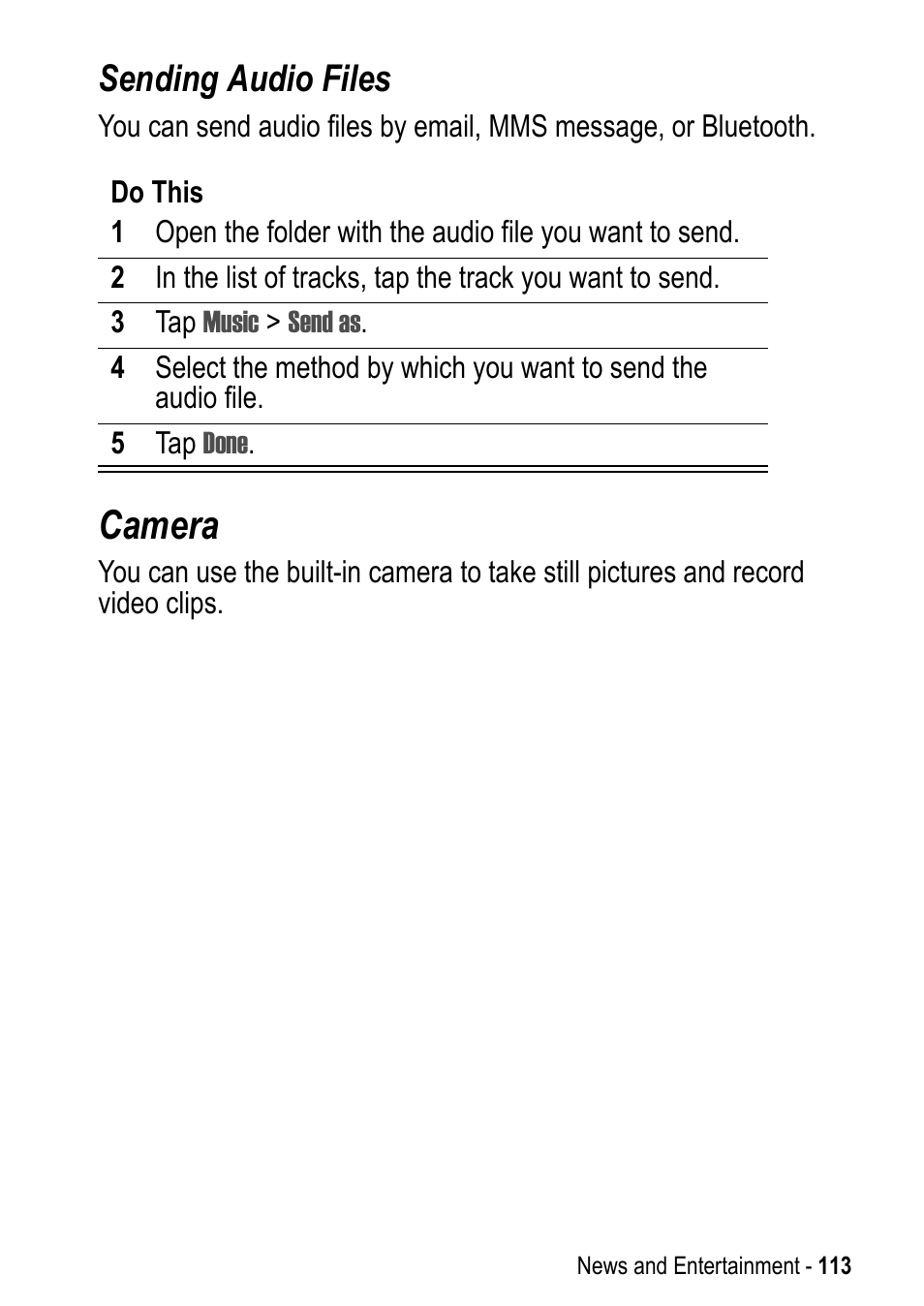 Camera, Sending audio files | Motorola A925 User Manual | Page 113 / 146