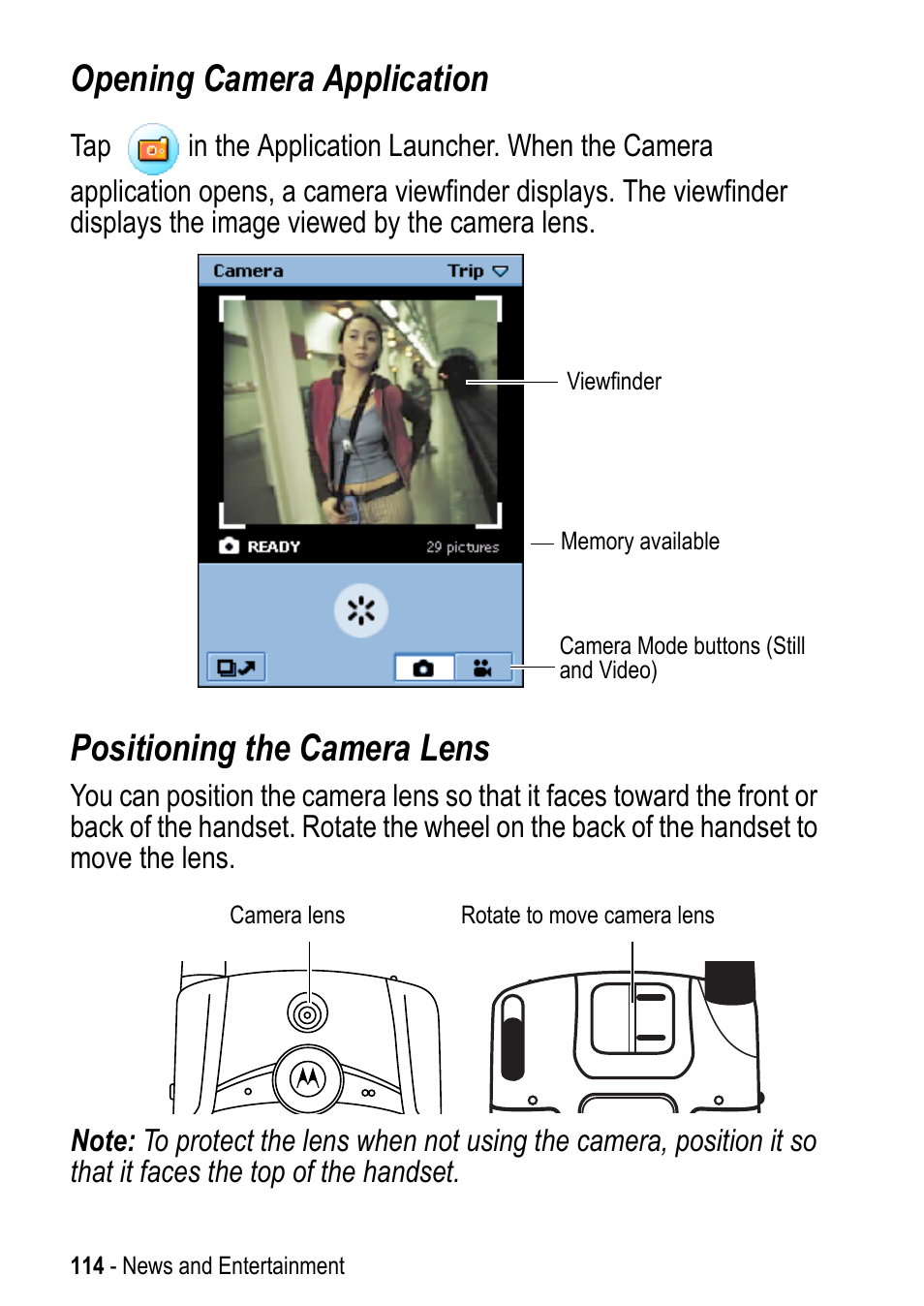 Opening camera application, Positioning the camera lens | Motorola A925 User Manual | Page 114 / 146