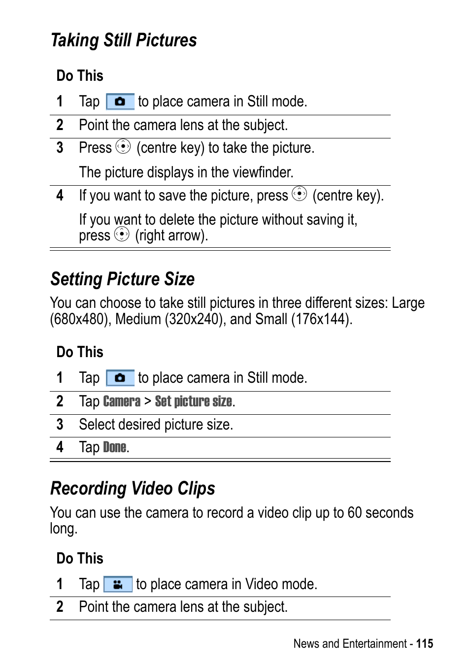 Taking still pictures setting picture size, Recording video clips | Motorola A925 User Manual | Page 115 / 146