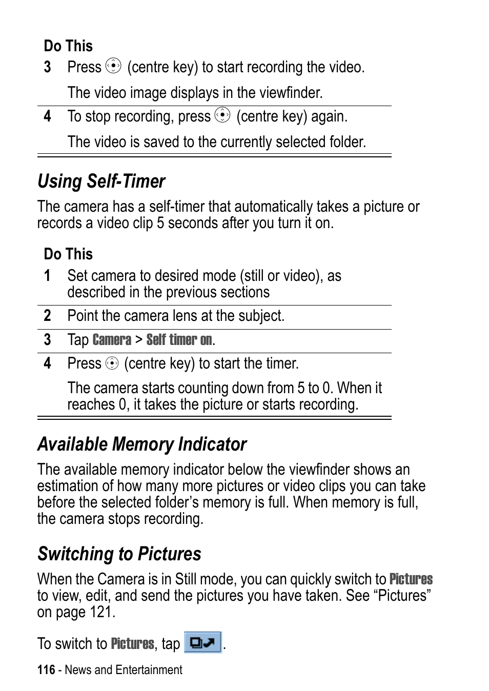 Using self-timer, Switching to pictures | Motorola A925 User Manual | Page 116 / 146