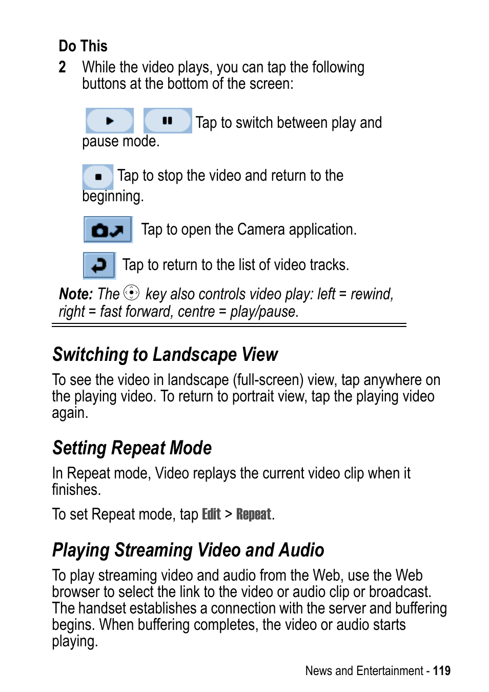 Switching to landscape view, Setting repeat mode, Playing streaming video and audio | Motorola A925 User Manual | Page 119 / 146