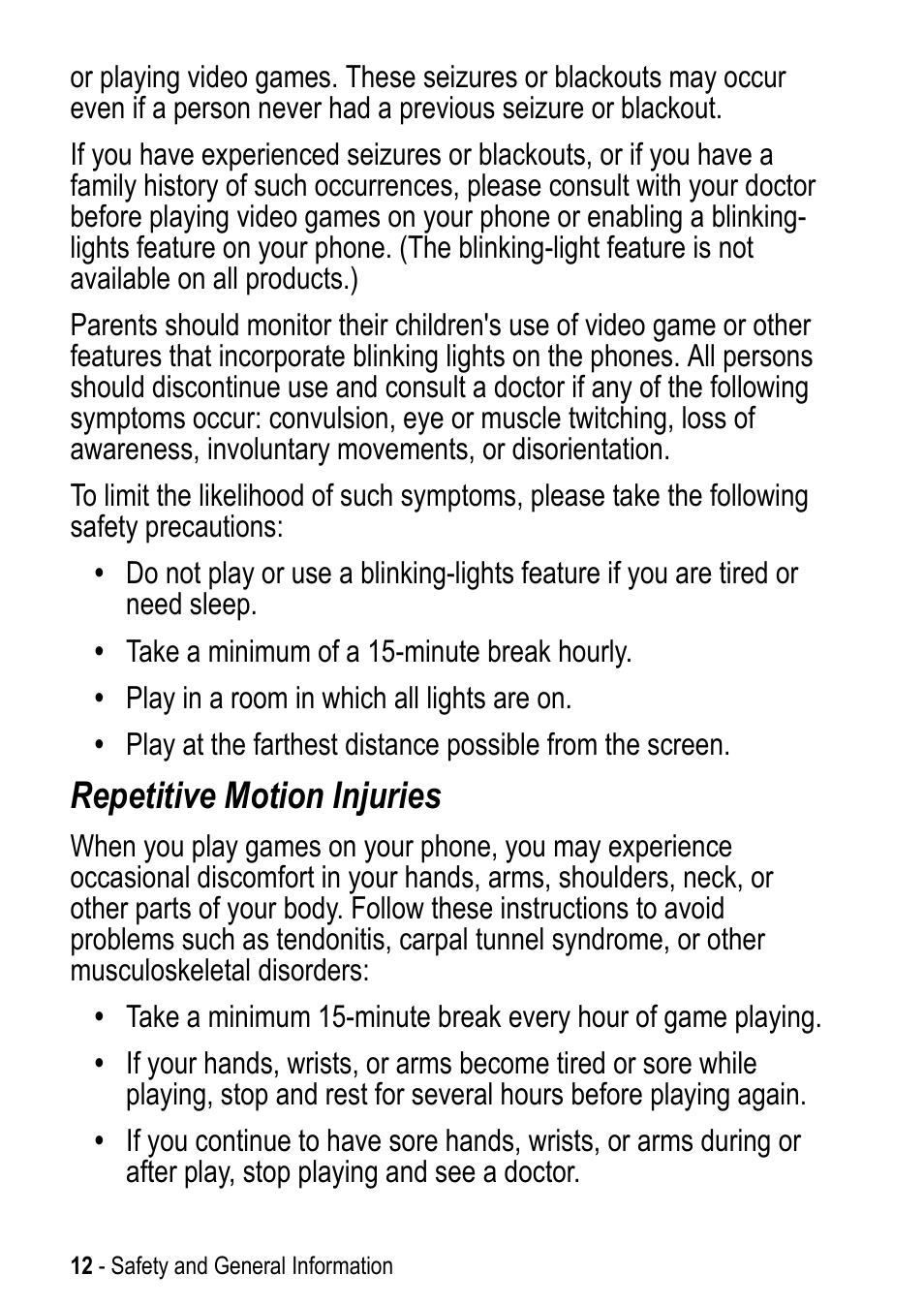 Repetitive motion injuries | Motorola A925 User Manual | Page 12 / 146