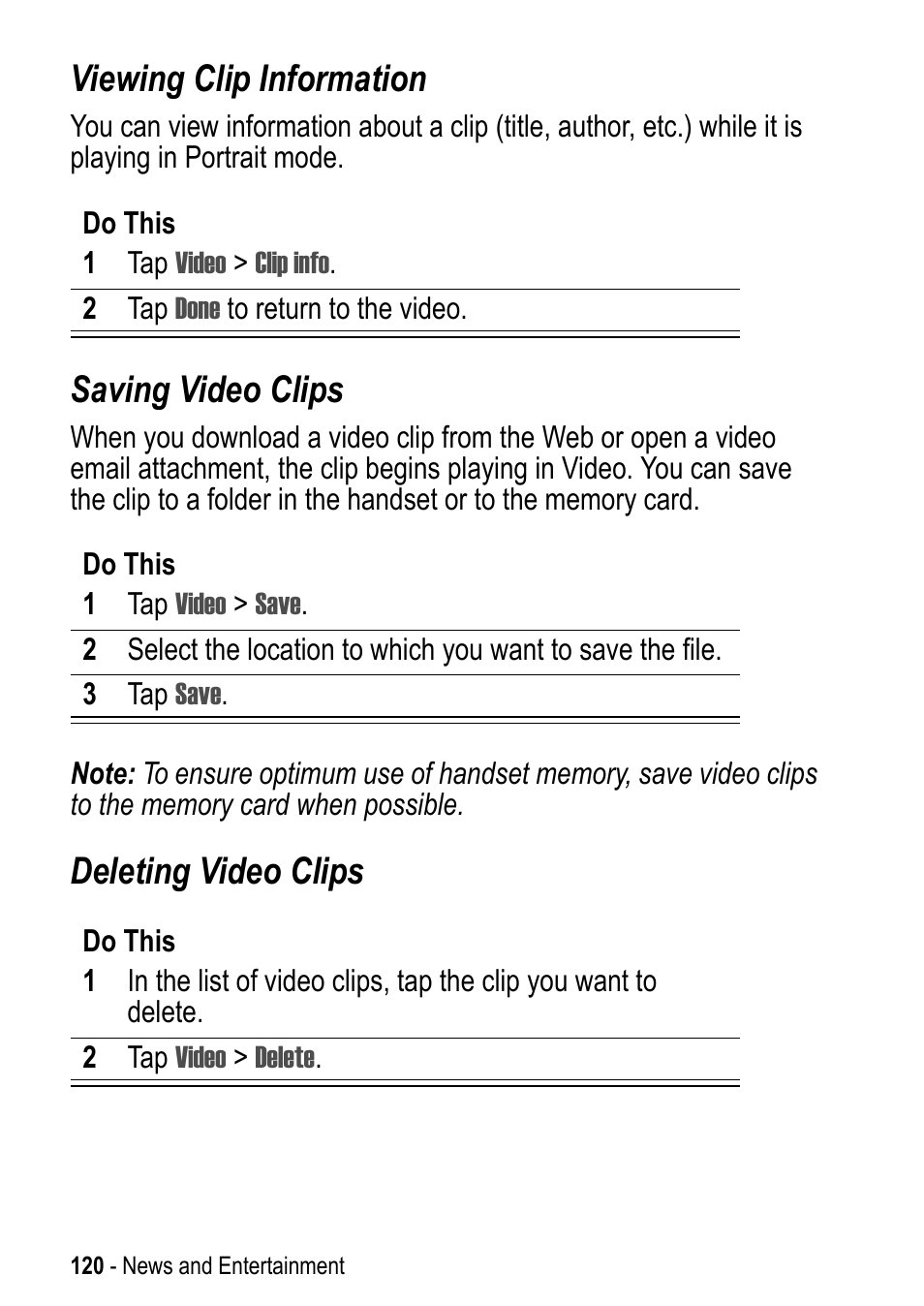 Viewing clip information, Saving video clips, Deleting video clips | Motorola A925 User Manual | Page 120 / 146