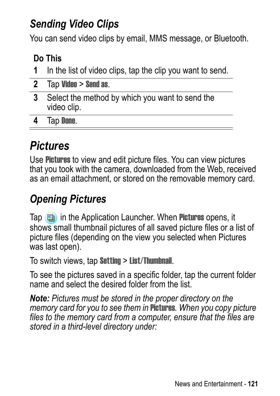 Pictures, Sending video clips, Opening pictures | Motorola A925 User Manual | Page 121 / 146