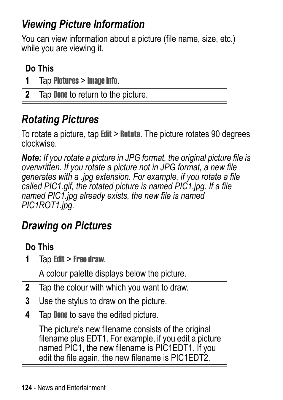 Viewing picture information, Rotating pictures, Drawing on pictures | Motorola A925 User Manual | Page 124 / 146