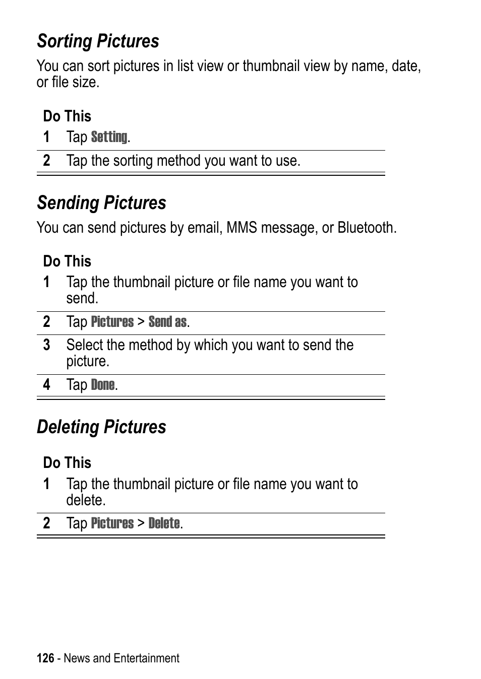 Sorting pictures, Sending pictures, Deleting pictures | Motorola A925 User Manual | Page 126 / 146