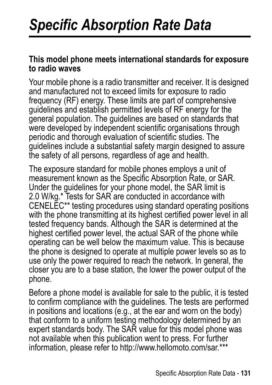 Specific absorption rate data | Motorola A925 User Manual | Page 131 / 146