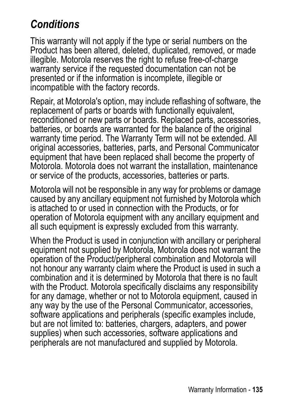 Conditions | Motorola A925 User Manual | Page 135 / 146